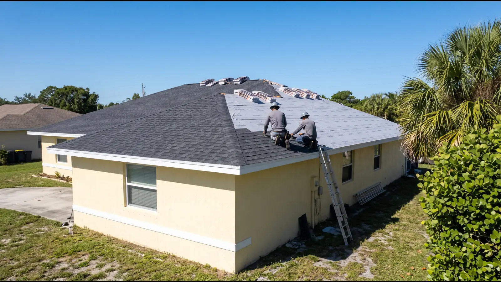 Two roofers laying charcoal architectural shingles on a single-story Florida ranch home, underlayment showing on the unfinished side