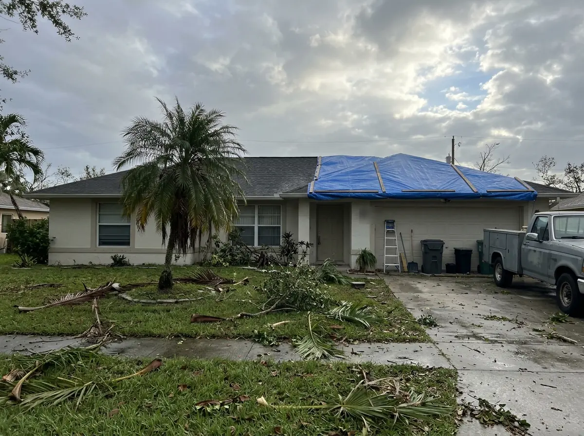 A blue tarp secured with wood strips over a storm-damaged section of a home's roof