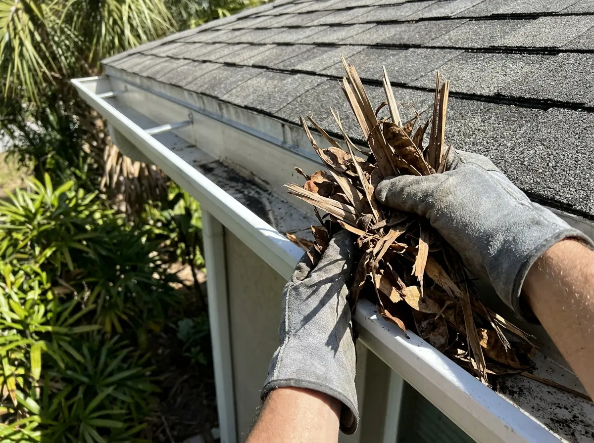 Gloved hands clearing palm fronds and leaves from a roof valley and gutter
