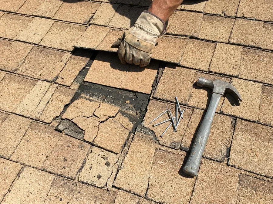 A roofer's gloved hand sliding a replacement shingle into a repaired patch on an older roof