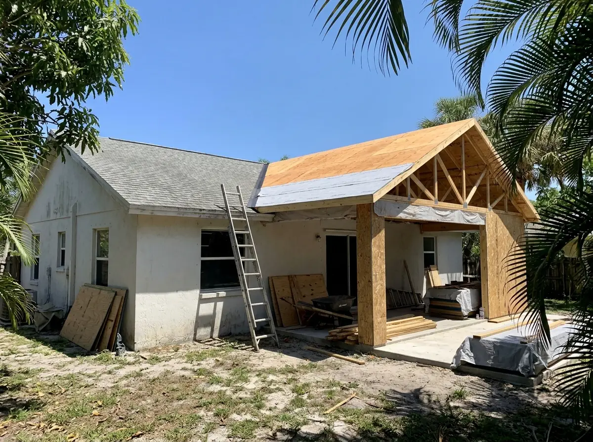 A new room addition with fresh roof sheathing tying into an existing shingle roof