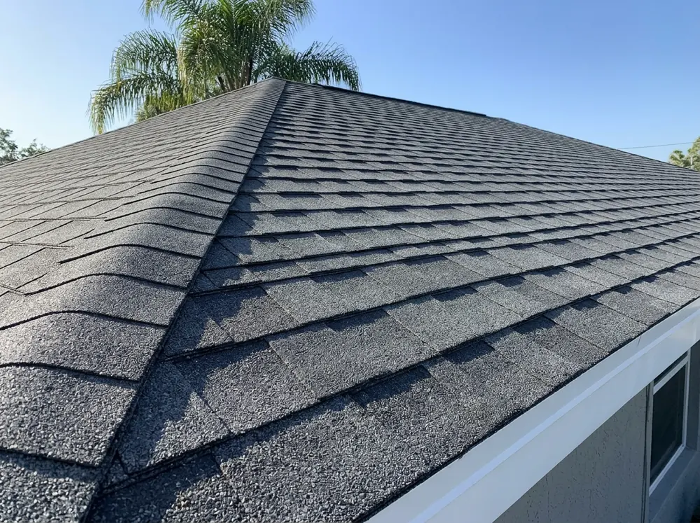 Close view of new charcoal architectural shingles with a straight ridge cap line