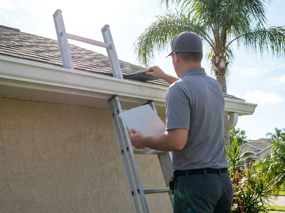 A roof inspector seen from behind on a ladder at the eave, checking shingles and the gutter line