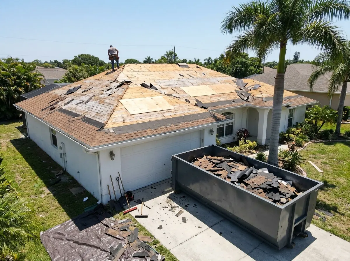 Old shingles torn off a hip roof down to the plywood deck, debris going into a roll-off dumpster