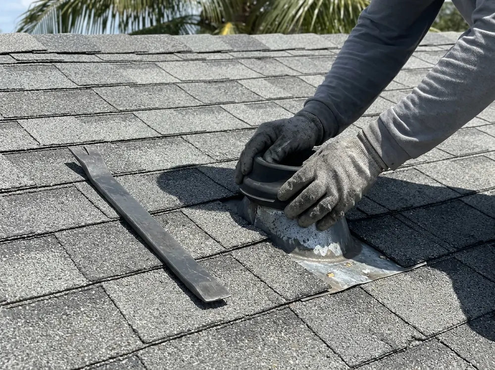 A roofer's gloved hands pressing on the rubber pipe boot flashing of a vent on a gray shingle roof