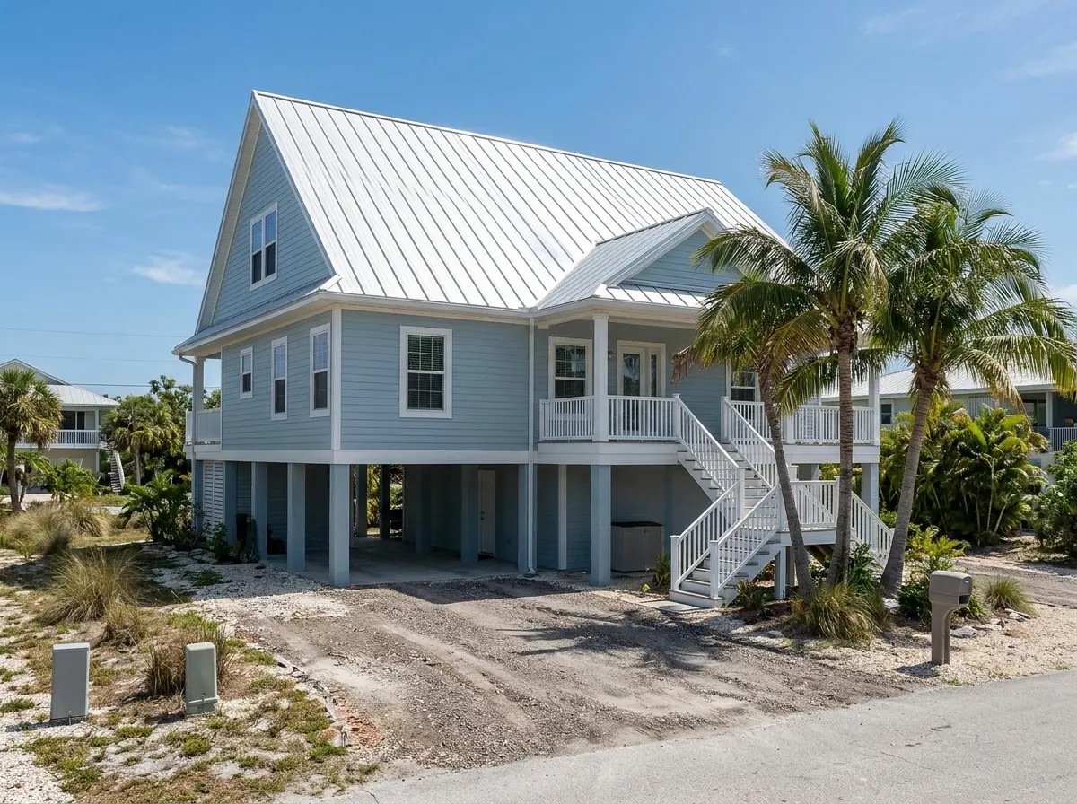 A white standing seam metal roof on a raised coastal-style Florida home